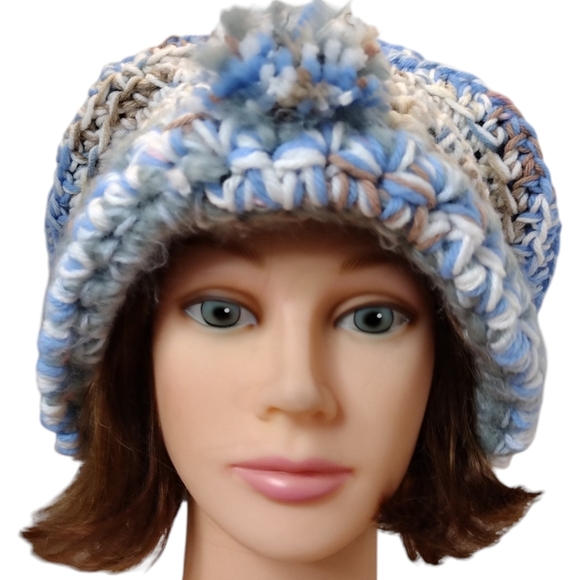 Slouchy beret bohemian blue bead hand-knit hat - Picture 7 of 11